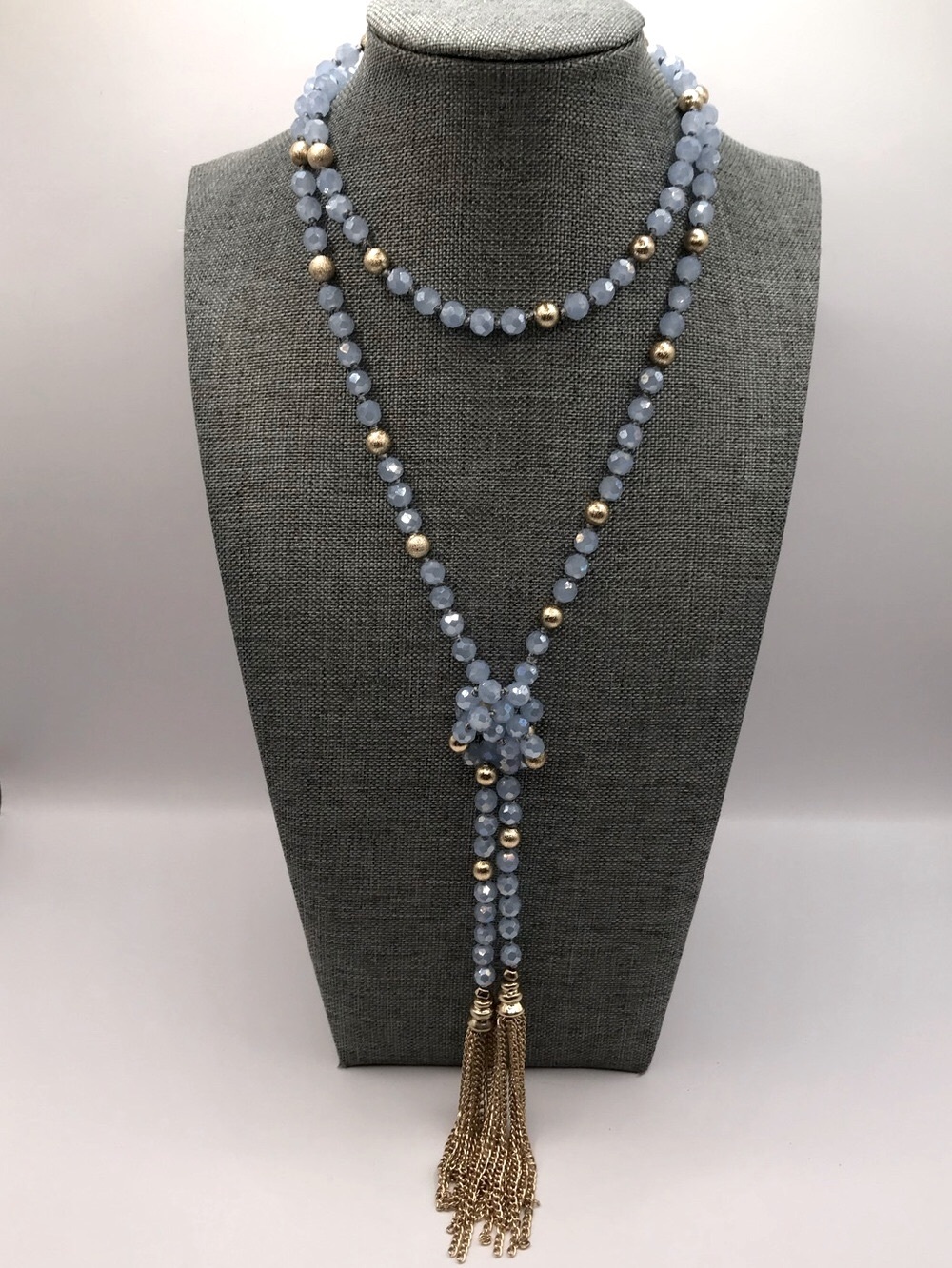 Gold-Tone & Light Blue AB Faceted Beaded Tassel Necklace
